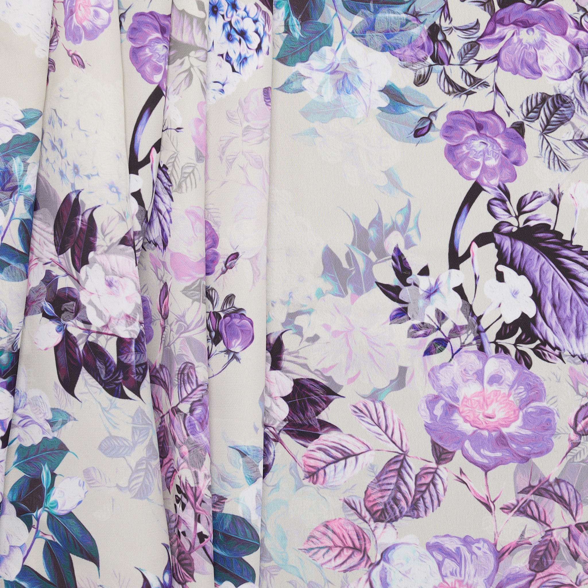 100% Recycled Polyester Floral Satin - Purple/ Grey