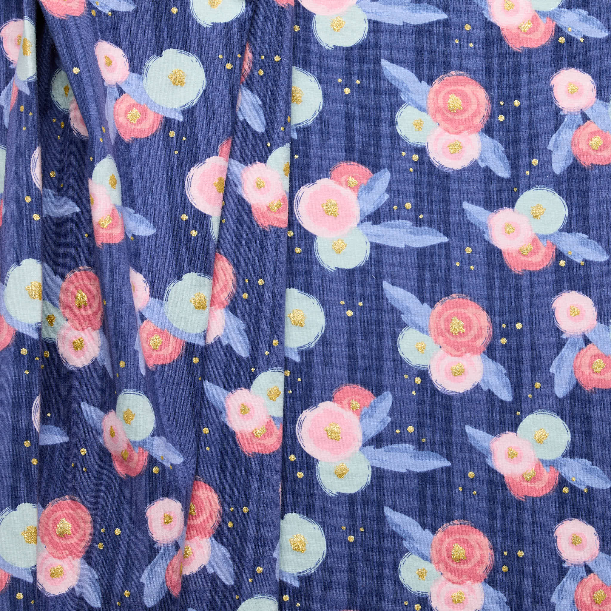 Riley Blake 'Midnight Rose' Jersey knit - Blue/ Pink
