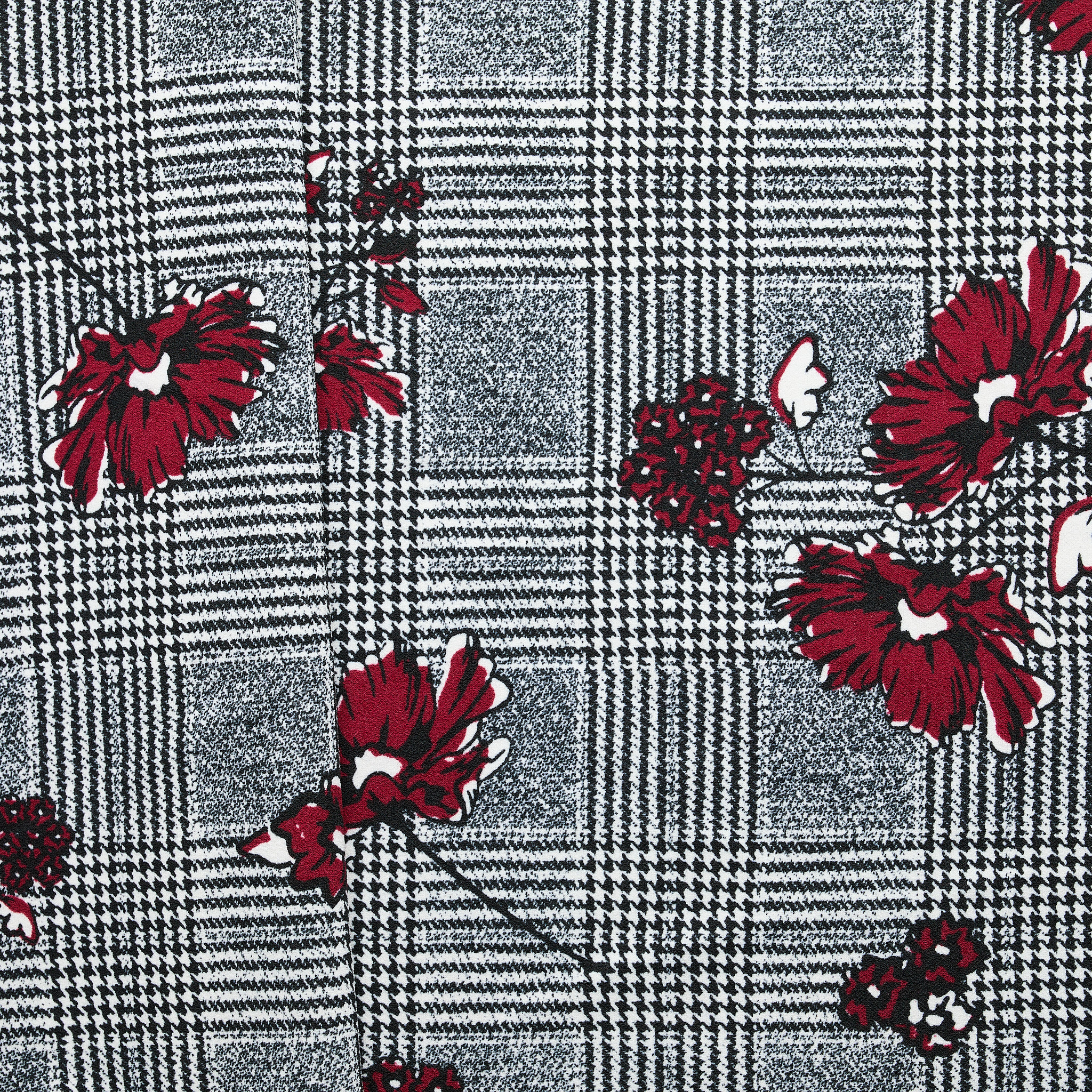 Printed Check Flower Crepe - Black/ Deep Red