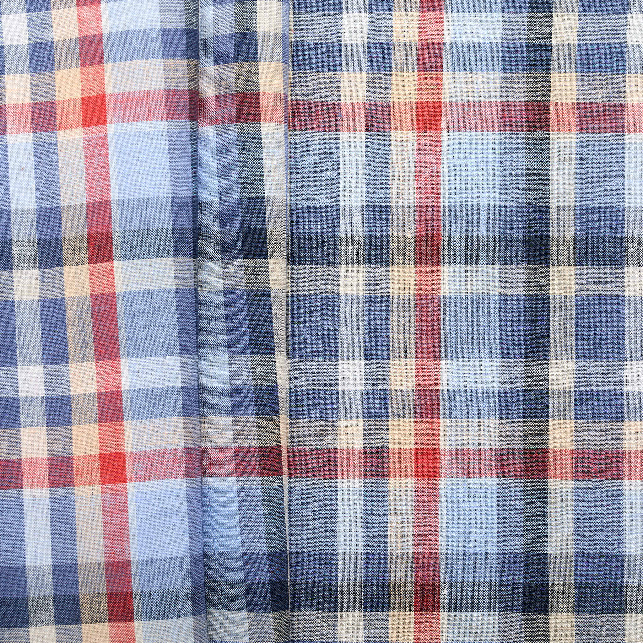100% Linen Check - Blue/ Red