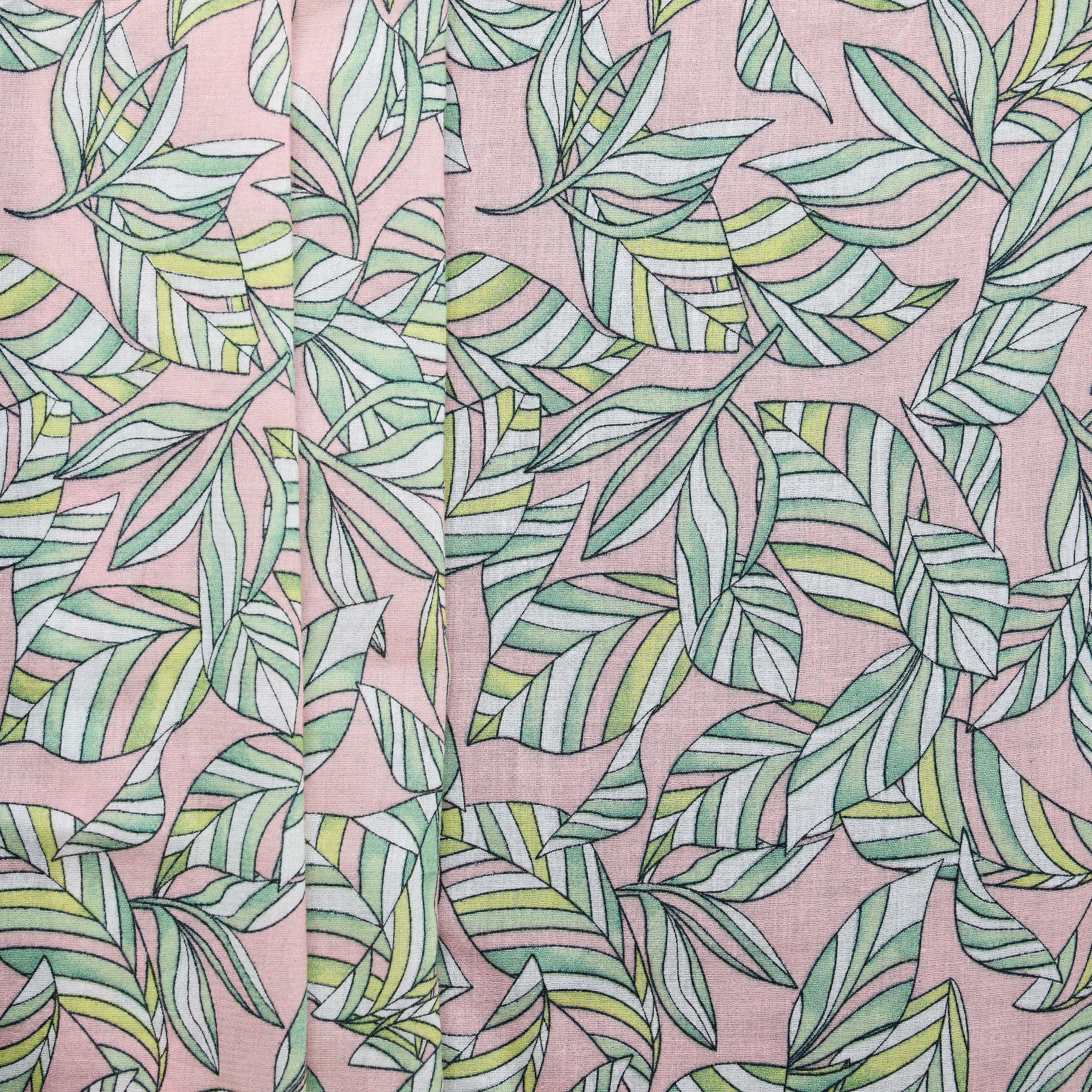 'Tossed Leaf' 100% Cotton Cheesecloth - Pink/ Green