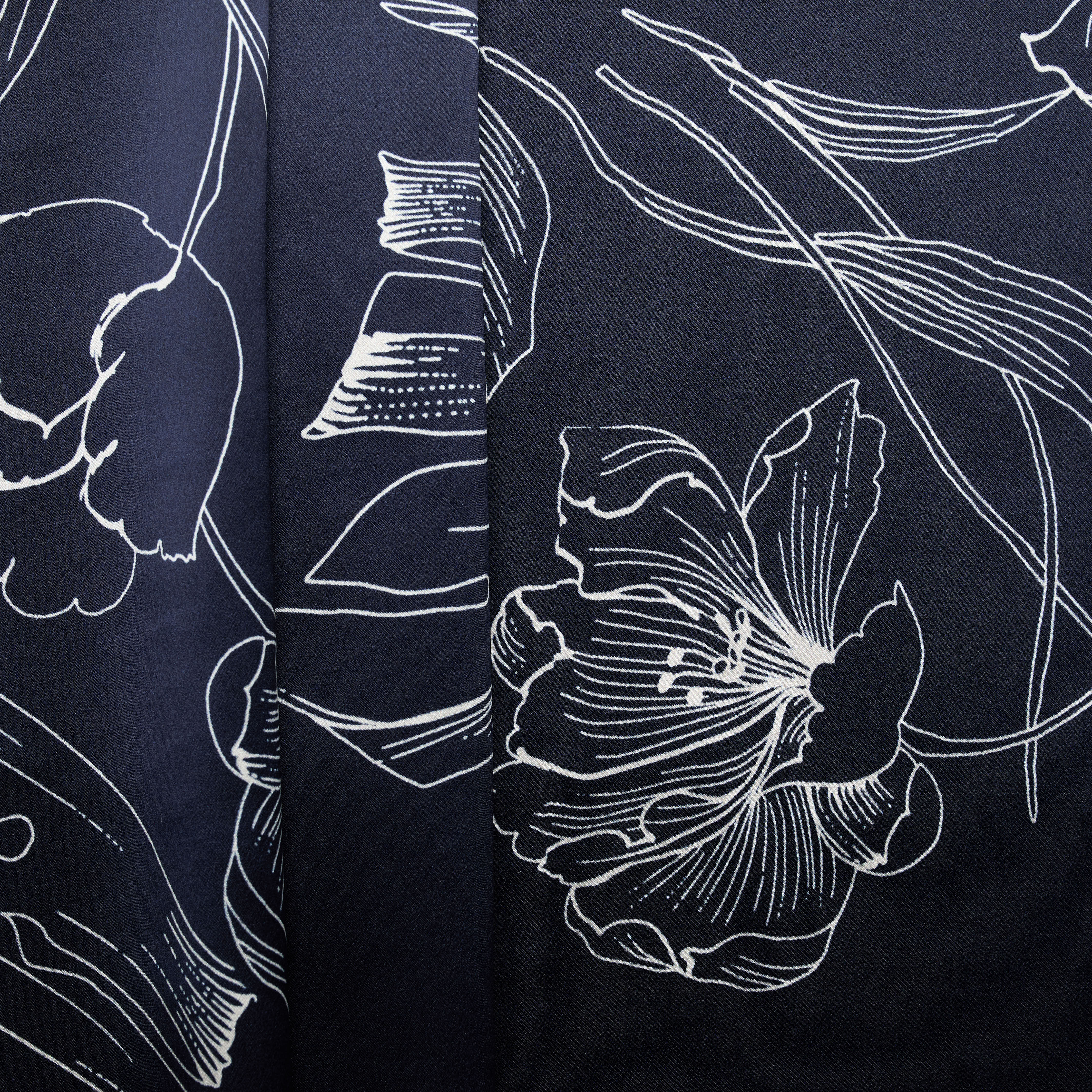 Silk Double Side Flower Print Satin - Navy