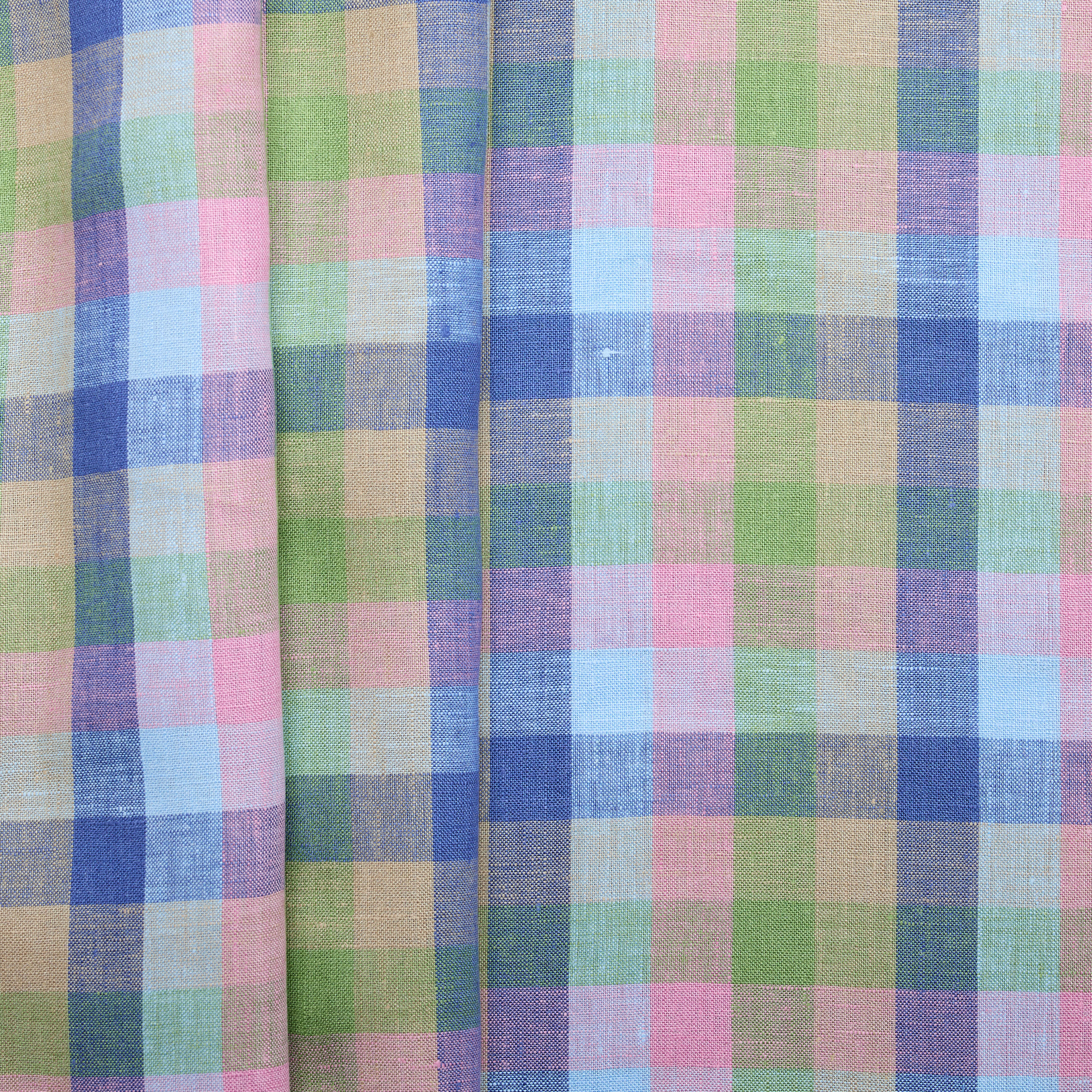 100% Linen Check - Blue/ Green/ Pink