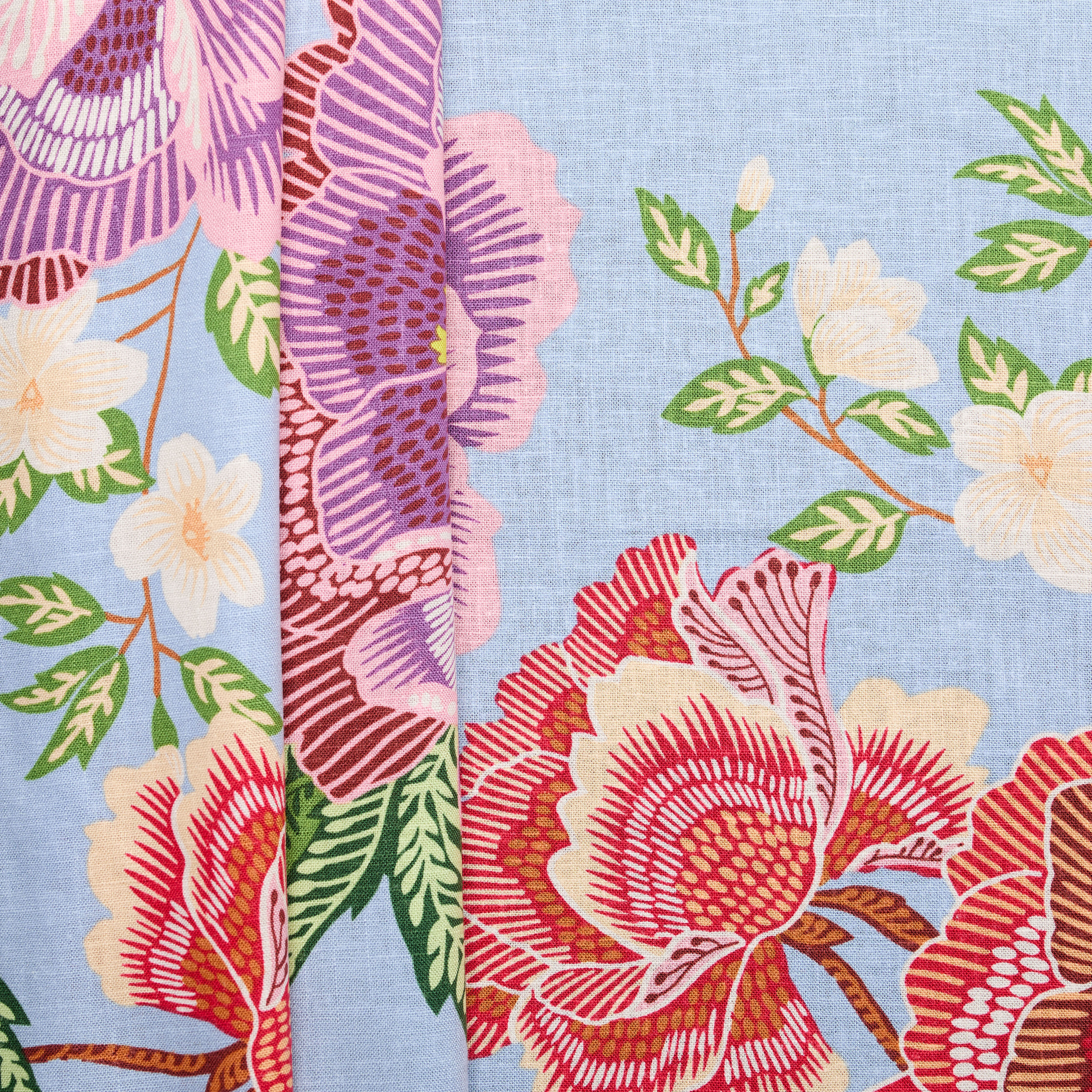 Linen Viscose Flower Print - Blue/ Red/ Purple